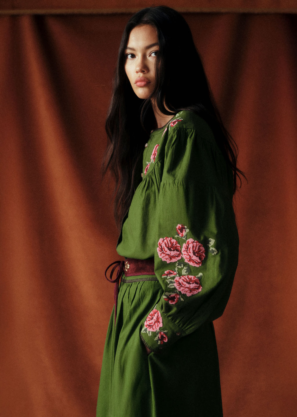 Chemise Orla - Sézane x Baziszt - Fleurs Multico Fond Vert Bambou