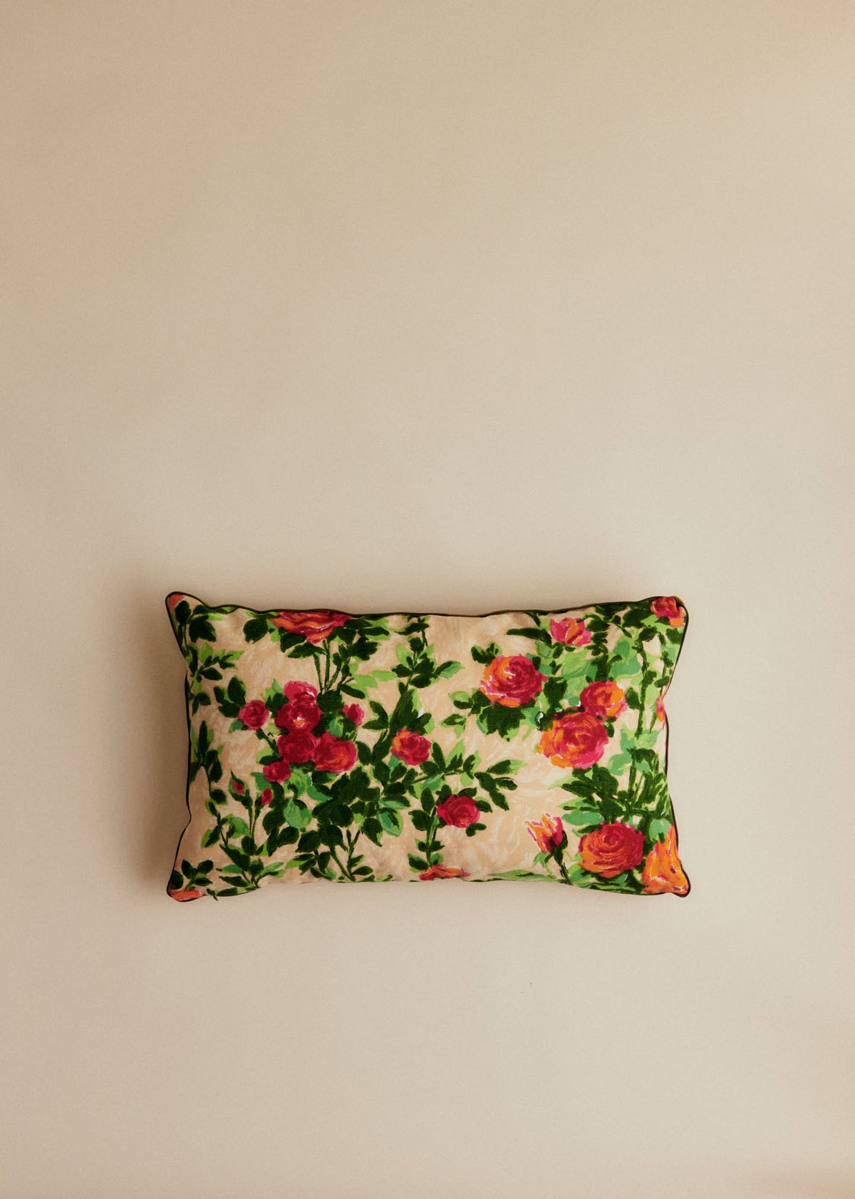 Coussin vintage velours vert - Petit modèle - Imprimé Rosiers