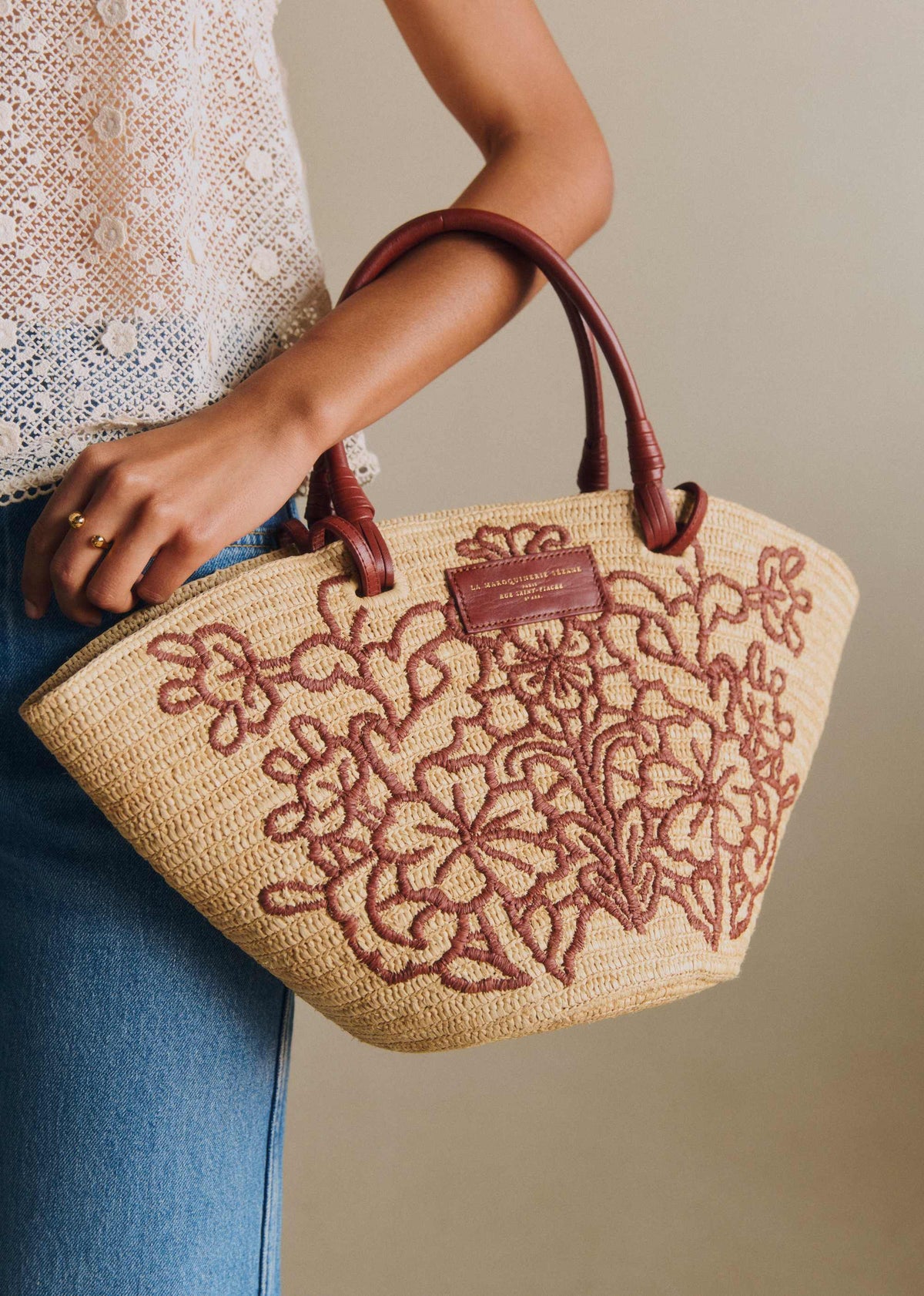 Panier Justine - Raphia Broderie Fleurs Terracotta