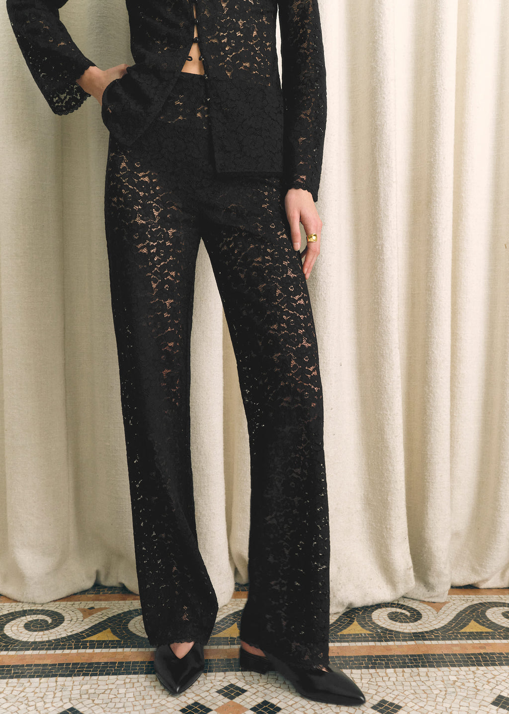 Pantalon AZIM - Dentelle Fleurs Noir