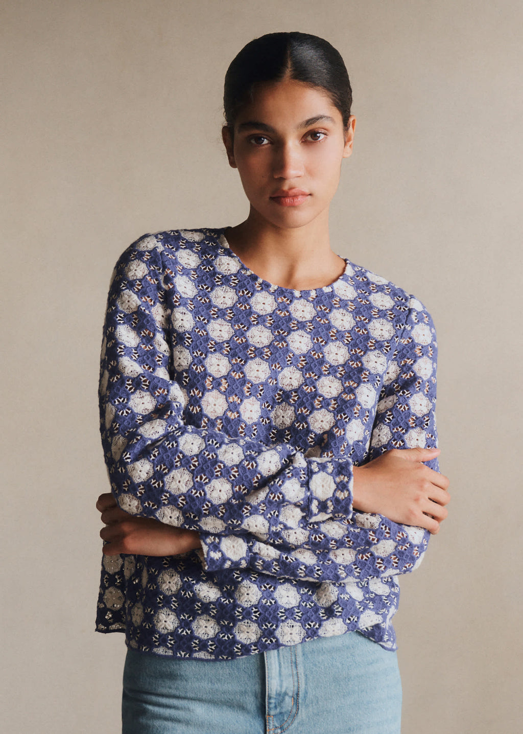 Blouse Jesse - Guipure Contrastée Marine Écru