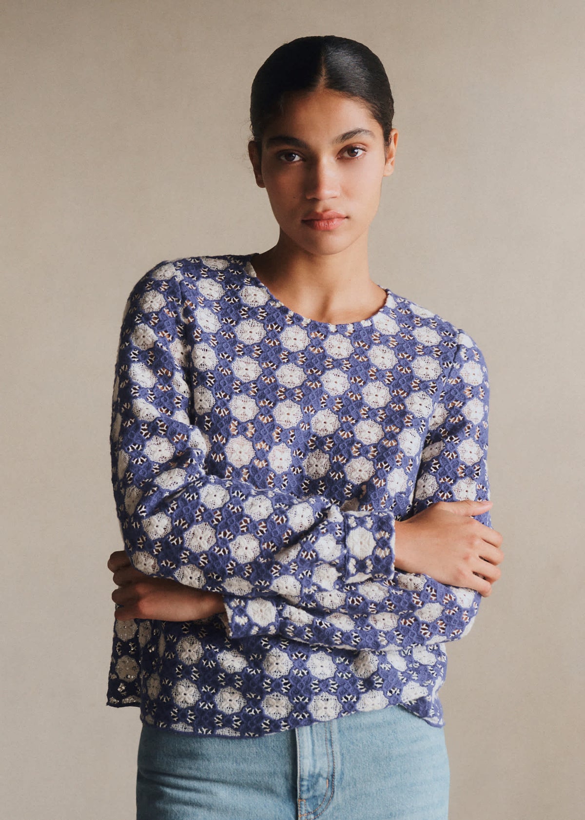 Blouse Jesse - Guipure Contrastée Marine Écru