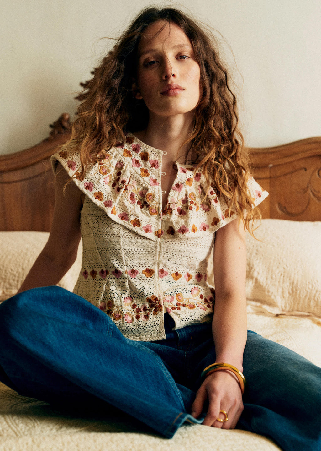 Chemise Dite - Guipure Contrastée Fleurs Fond Écru