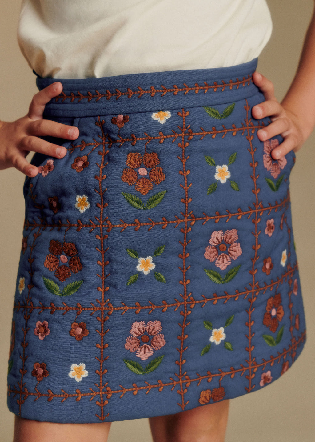 Jupe Michelle - Bleu foncé / Broderie sol
