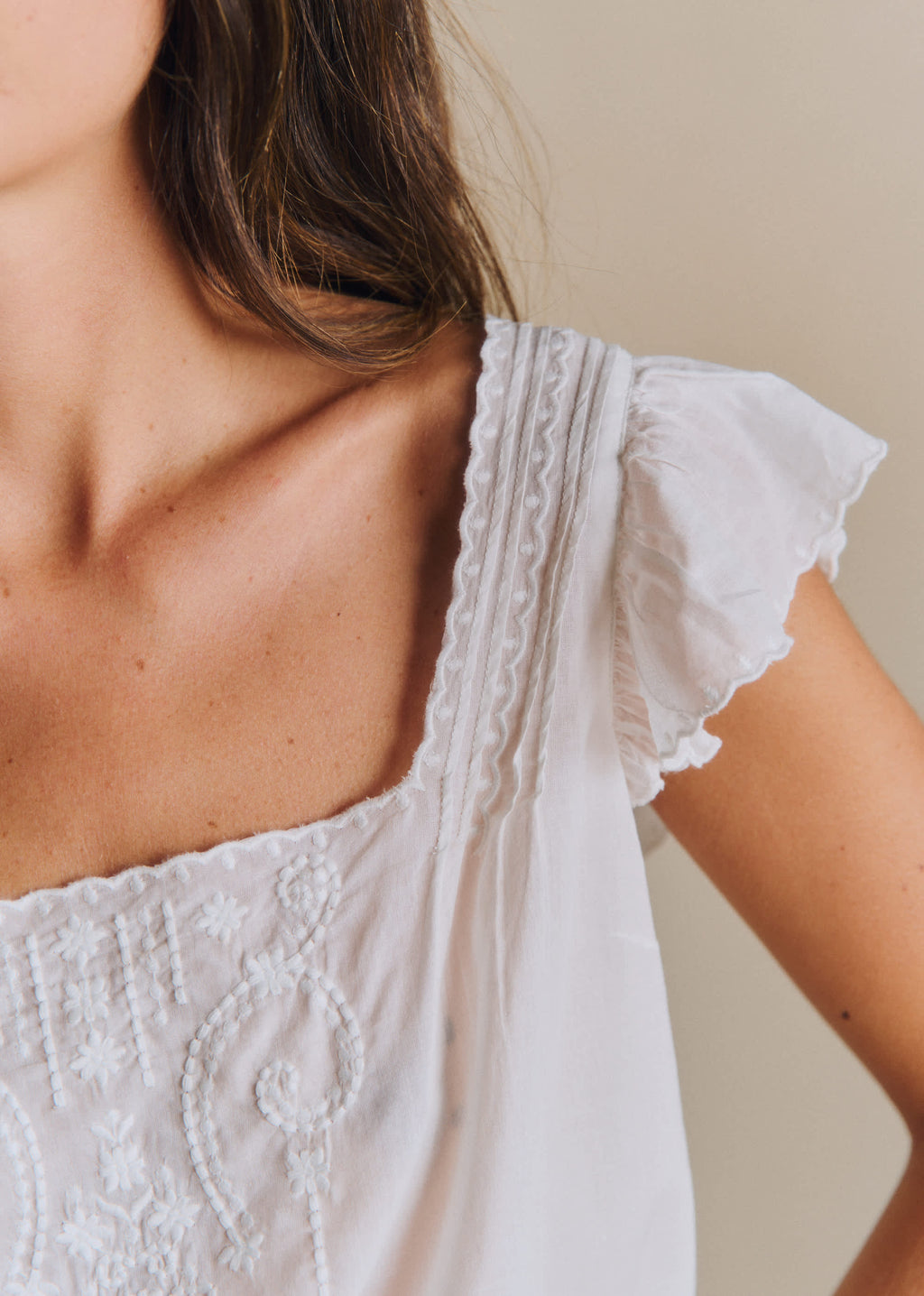 Blouse Elie - Broderie Unie Ecru Fond Beige