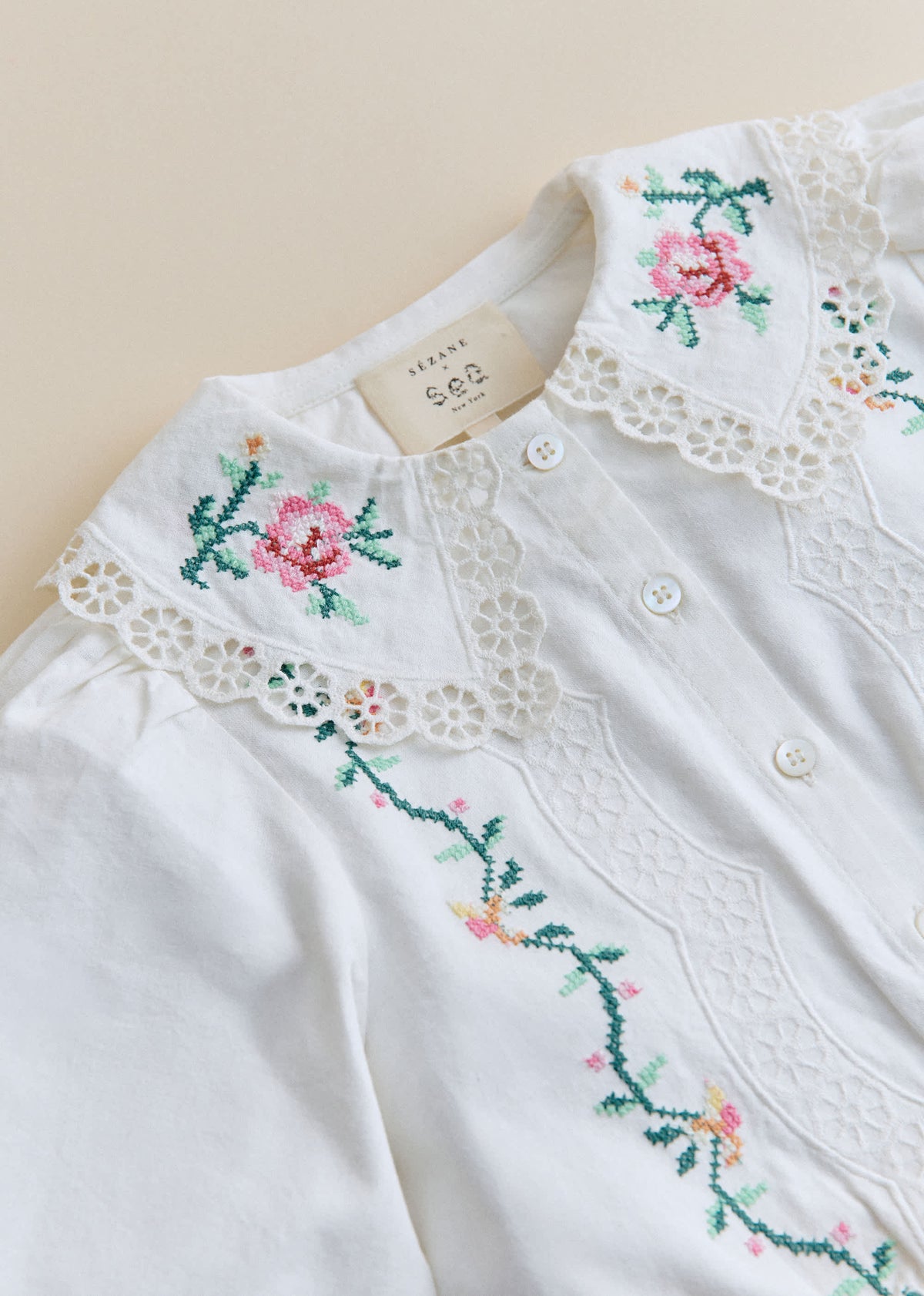 Chemise Henria - Sézane x SEA NY - Broderie Contrastée Mini Multico Fond Écru