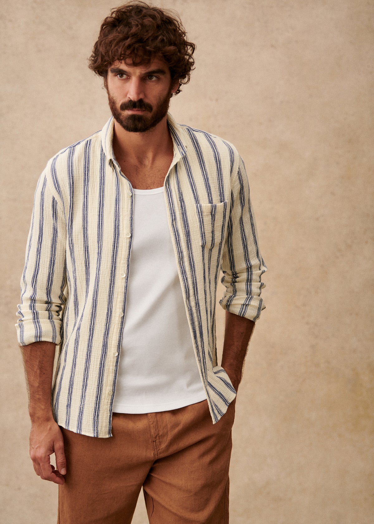 Chemise Charlie Coton Léger - Écru Rayures Bleues