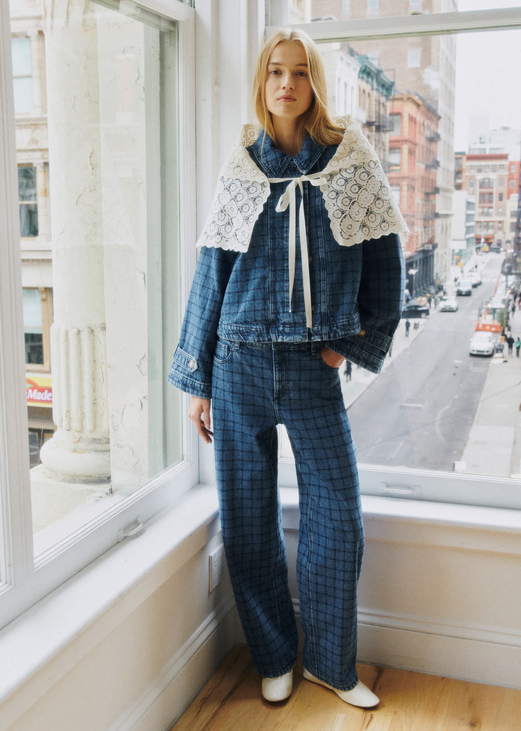 Pantalon Le 90's - Sézane x Sea NY - Broderie Marine Fond Denim