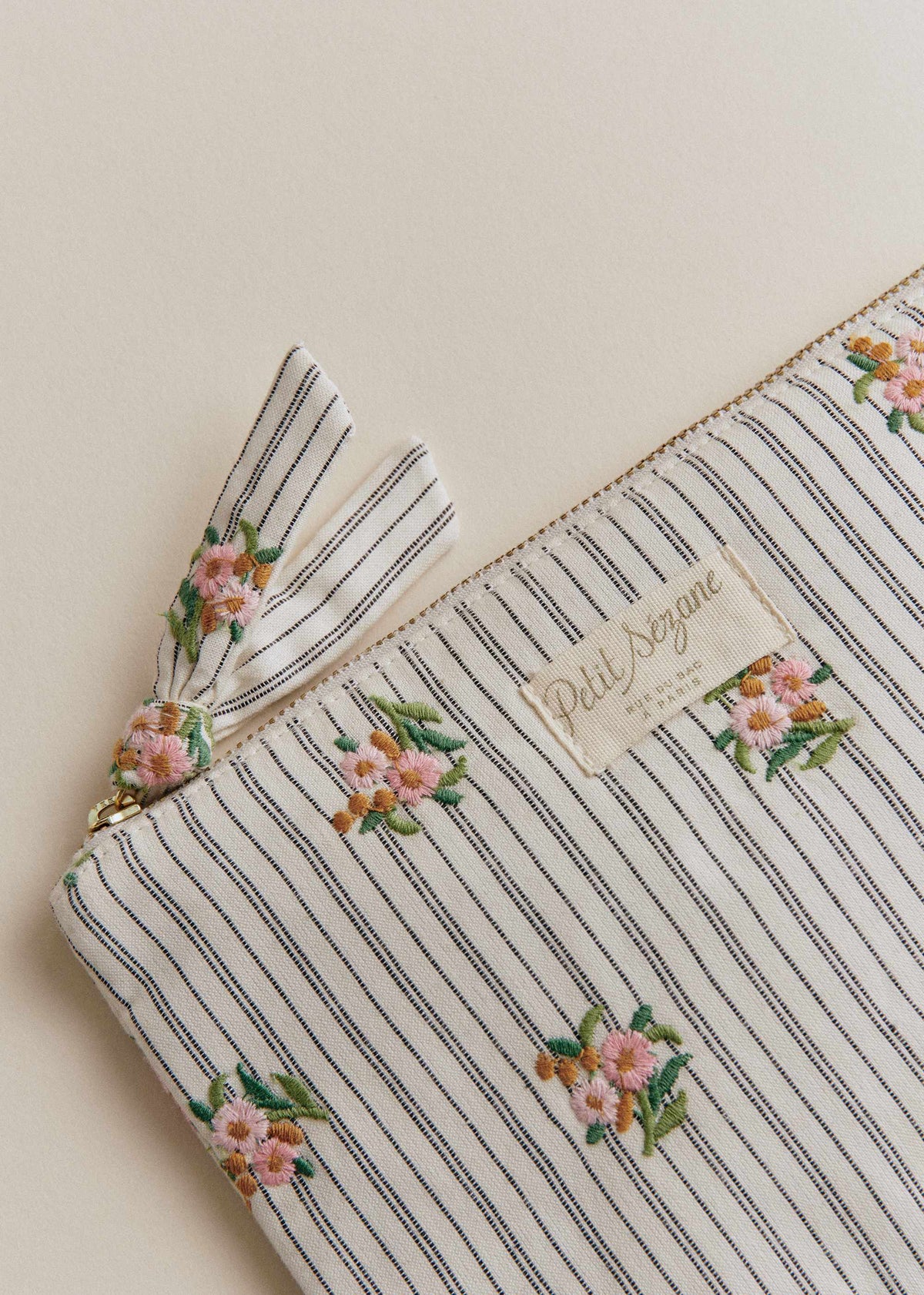 Pochette plate - Rayures Broderie Fleurs