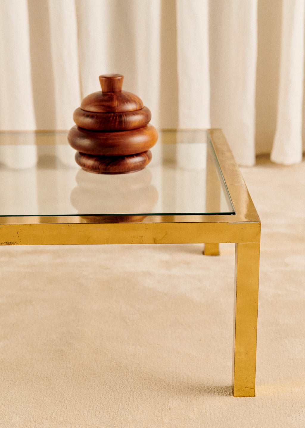Table basse structure laiton et plateau en verre vintage - Laiton