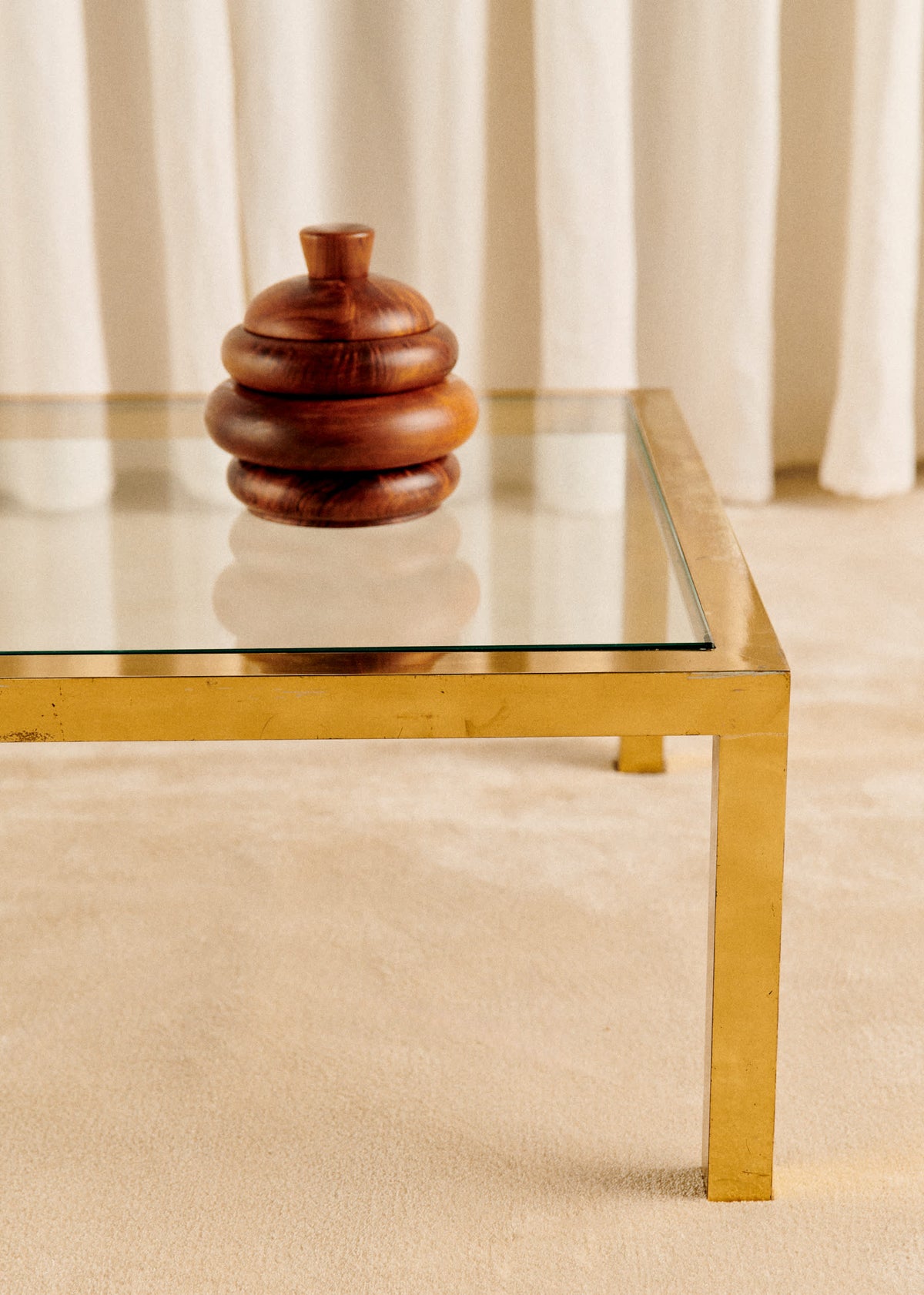 Table basse structure laiton et plateau en verre vintage - Laiton