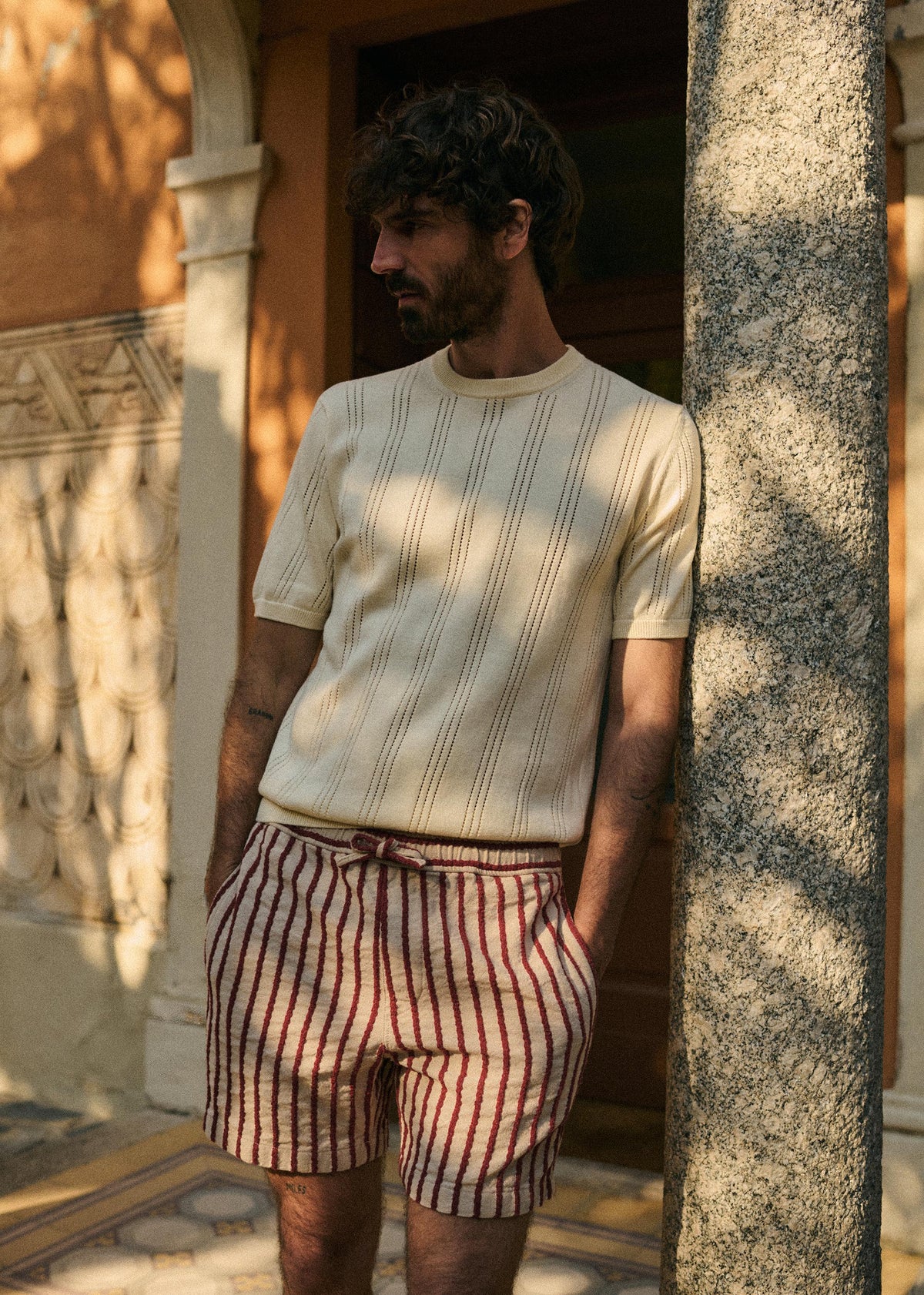 Short Halmon Texturé - Beige Rayures Rouille