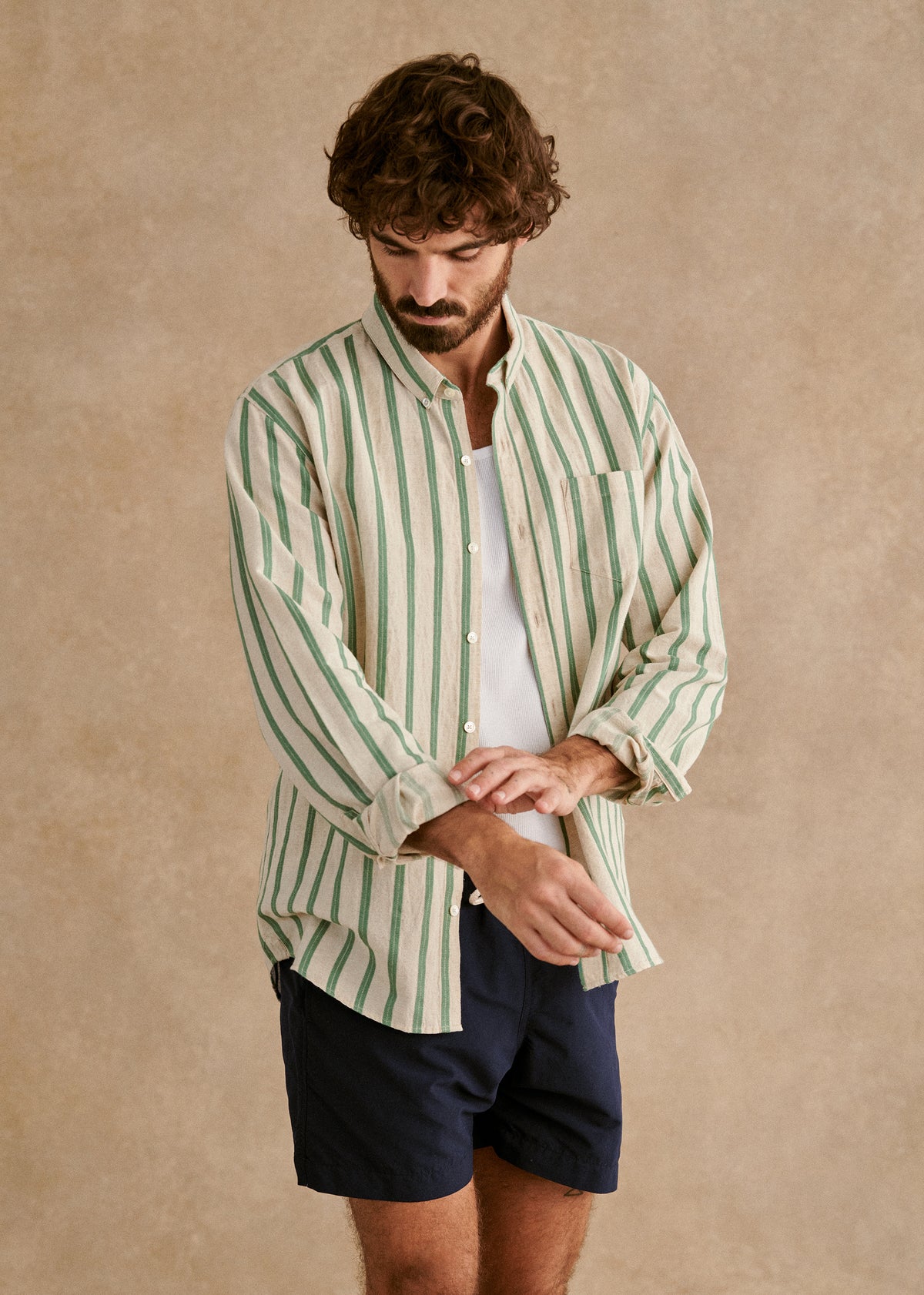 Chemise Charlie Coton Lin - Écru Rayures Vertes