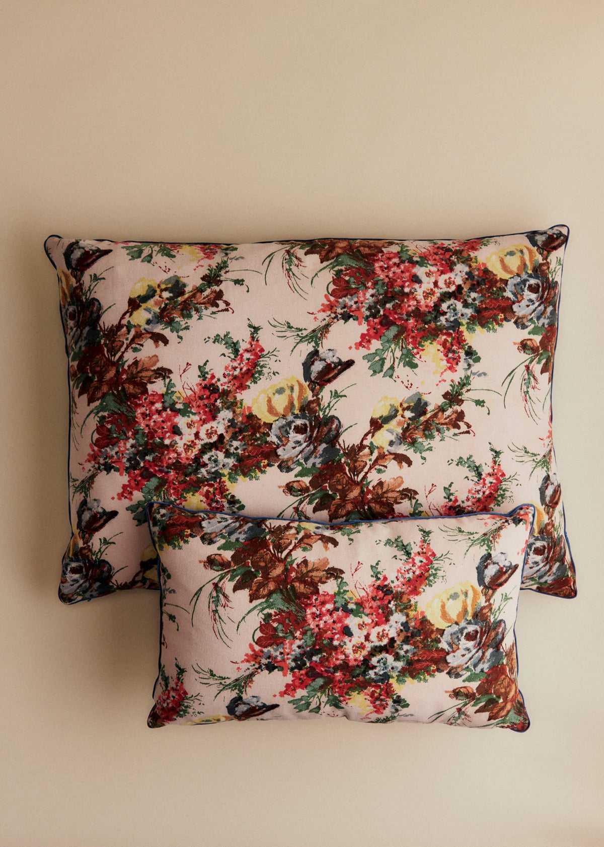 Coussin vintage velours bleu - Petit modèle - Imprimé Branches Multico
