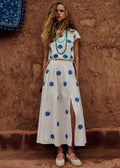 Jupe Arianna - Broderie Contrastée Ancolie Bleu Fond Ecru