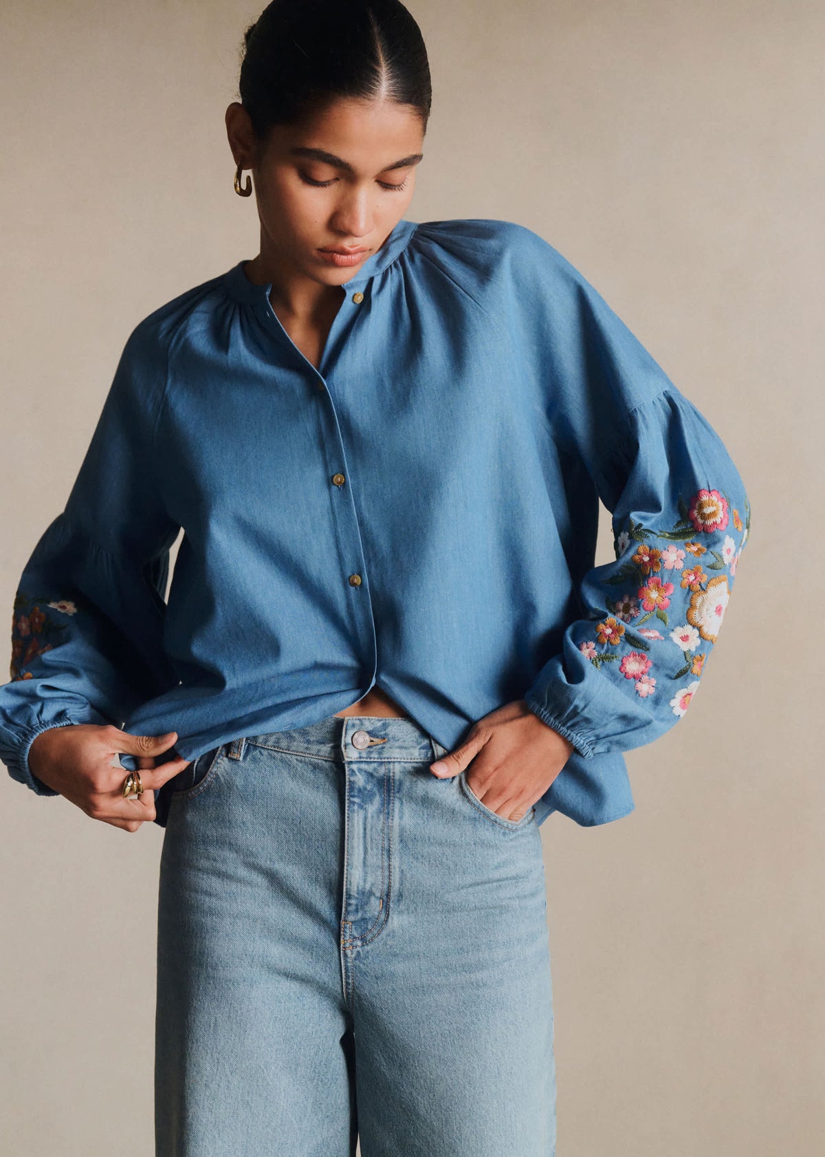Chemise Nerissa - Broderie Placée Multico Fond Chambray