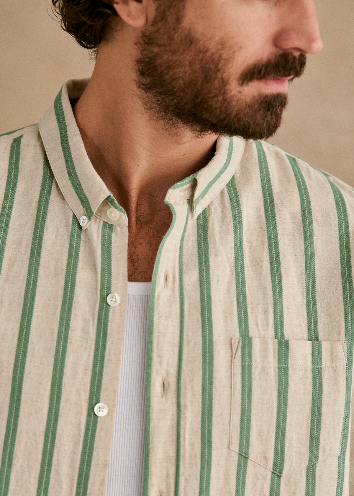 Chemise Charlie Coton Lin - Écru Rayures Vertes