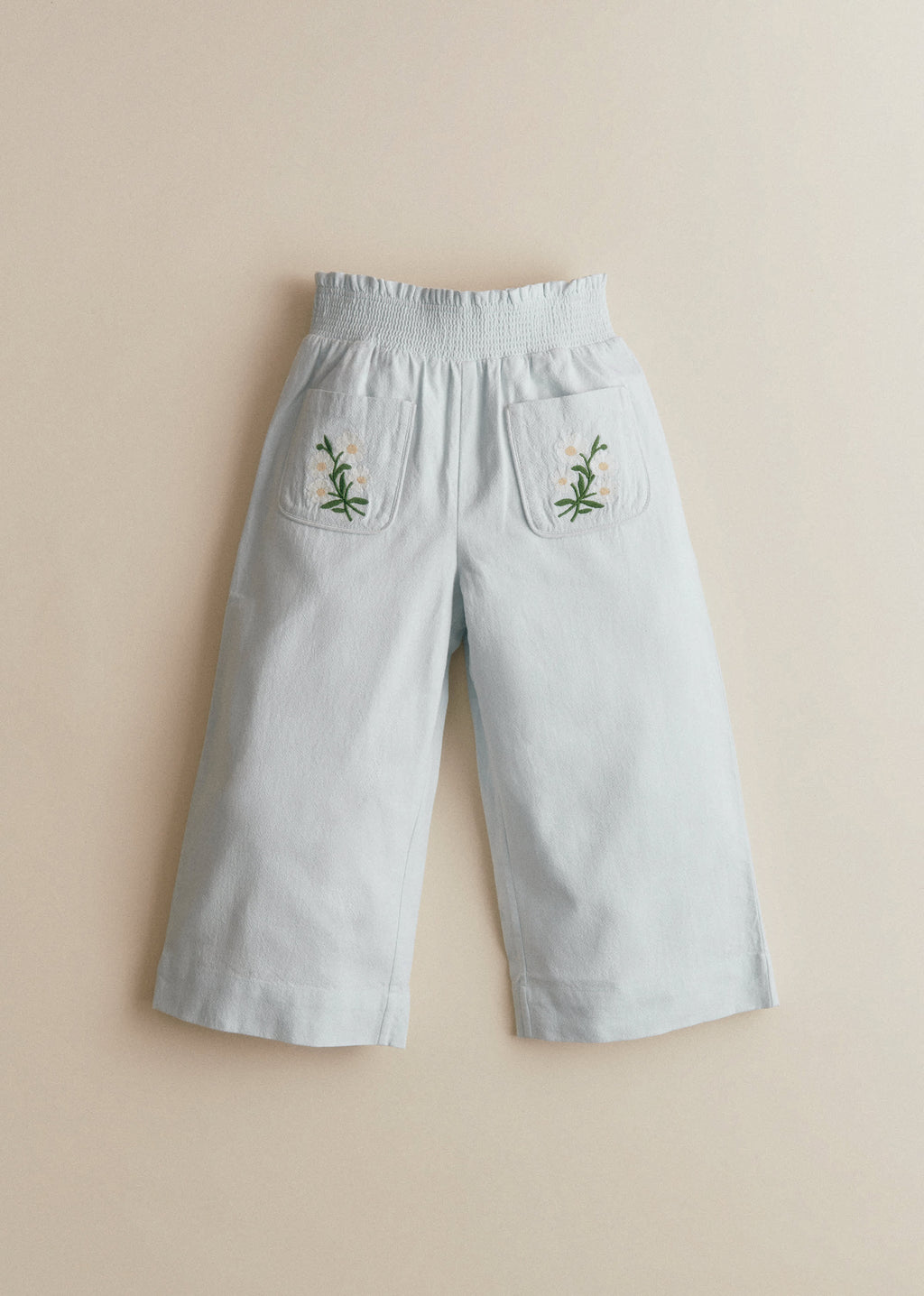 Pantalon Solane - Broderie Contrastée Marguerite Fond Bleu Ciel