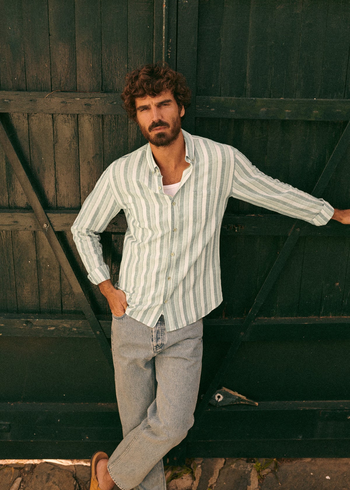 Chemise Charlie Coton Lin - Écru Multirayures Vertes
