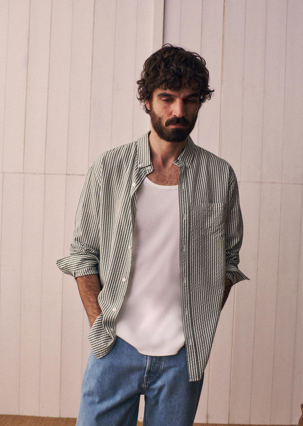 Chemise Charlie Seersucker - Blanc Rayures Vertes