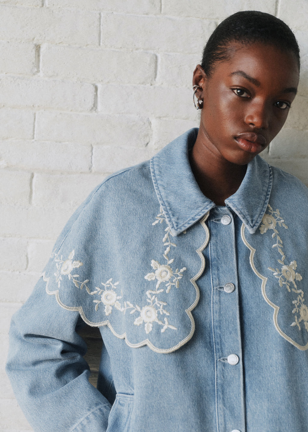 Veste Josephy - Sézane x SEA NY - Broderie Placée Crème Fond Bleu Denim