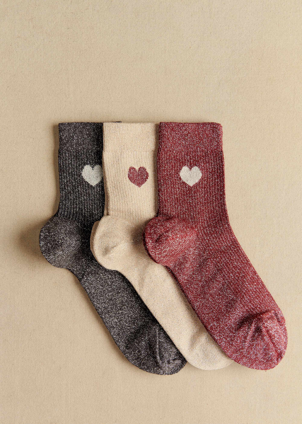 Coffret de 3 chaussettes lurex coeur - Bordeaux Argent Gris