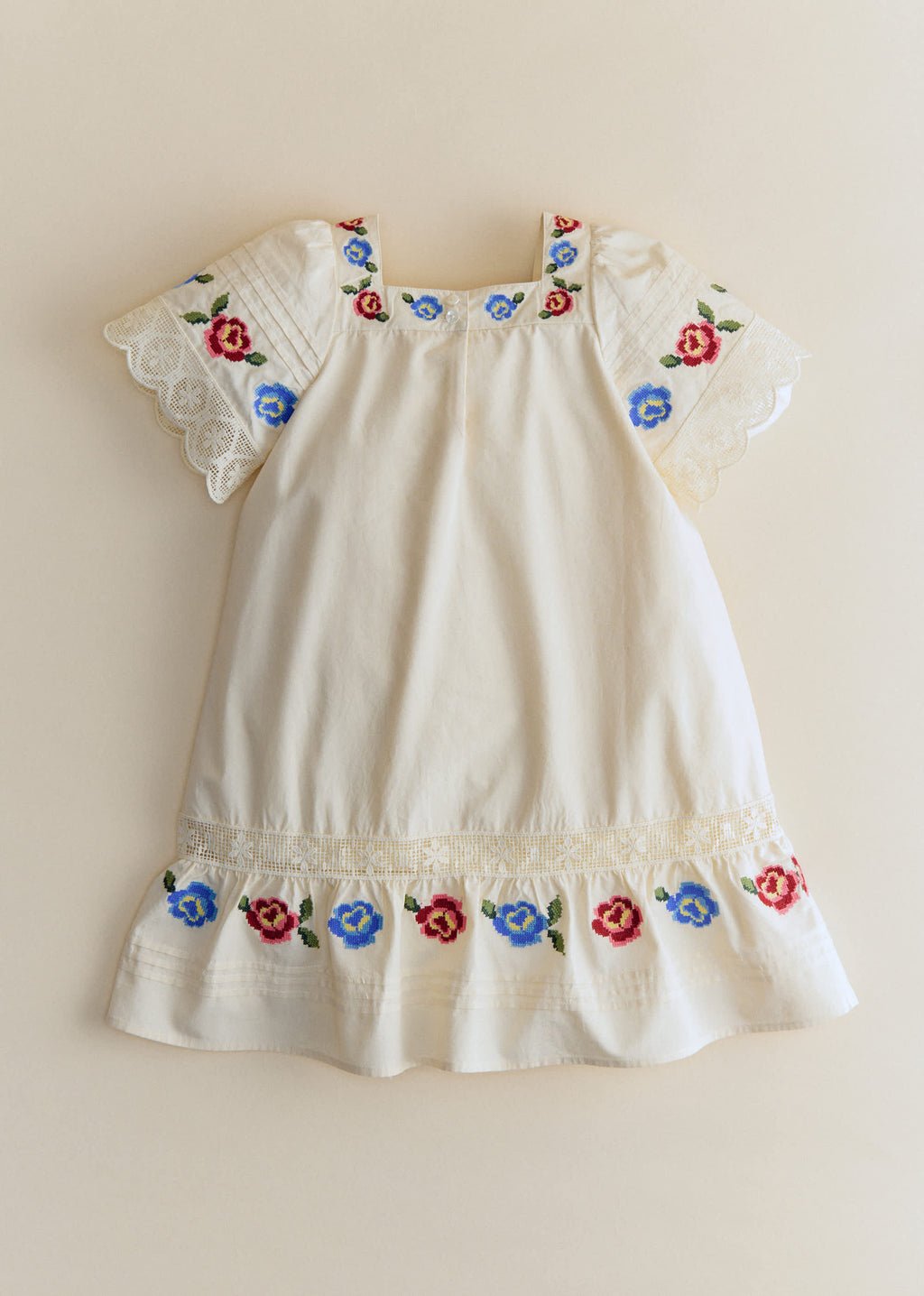 Robe Liara - Broderie Placée Fleur Multico Fond Ecru