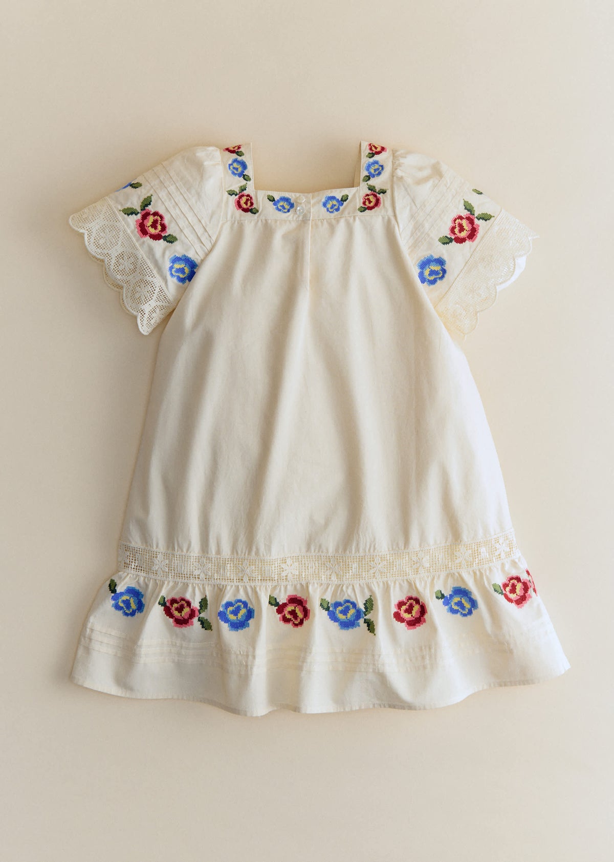 Robe Liara - Broderie Placée Fleur Multico Fond Ecru