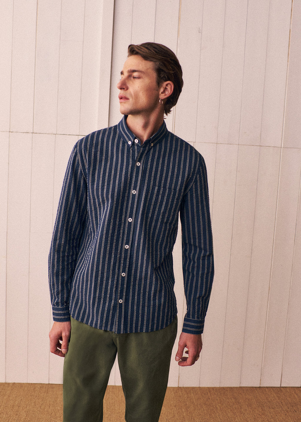 Chemise Charlie Seersucker - Marine Rayures Blanches