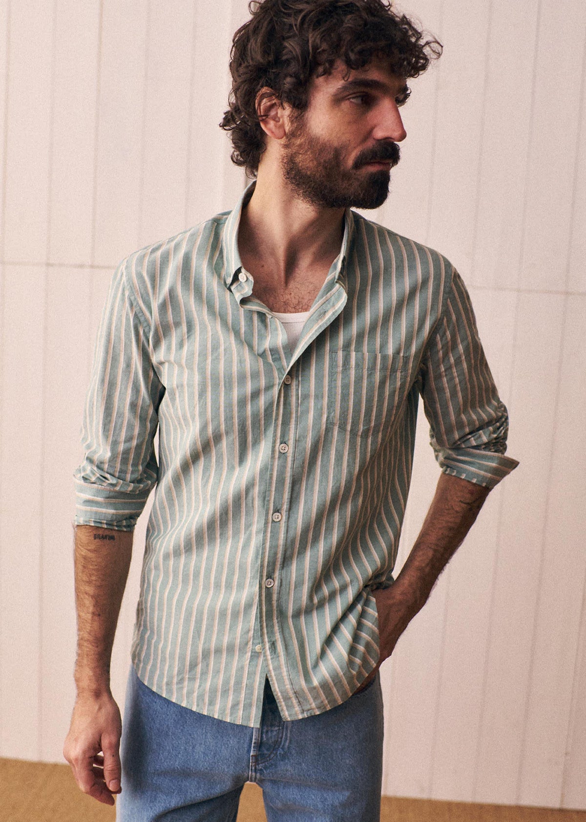 Chemise Charlie - Vert Rayures Beige / Blanc