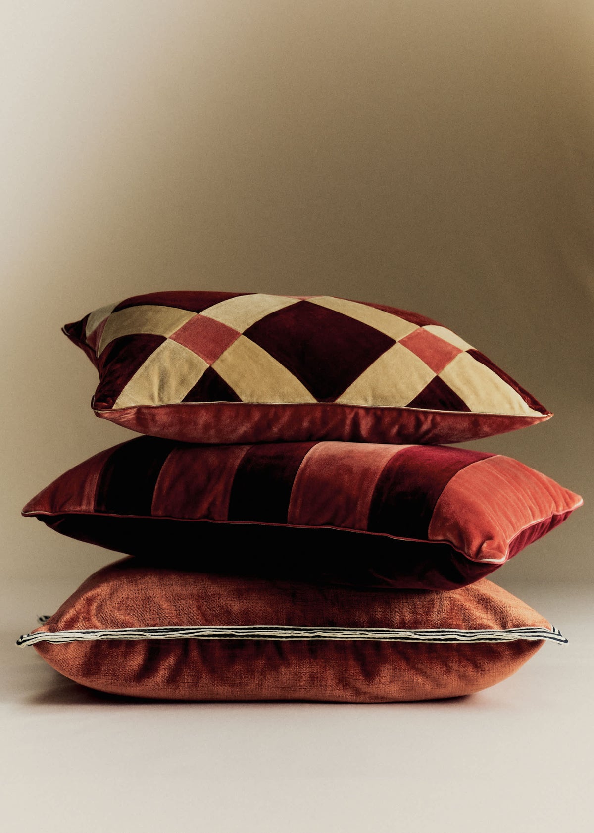 Coussin Velours Patchwork - Petit modèle - Terre de Sienne et Beige