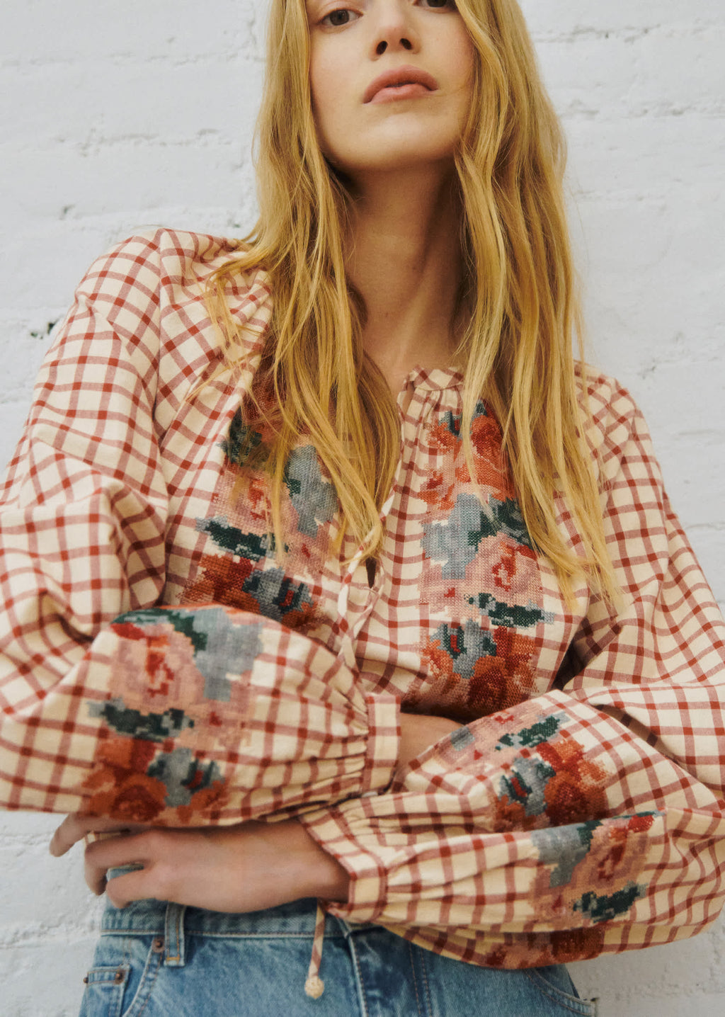 Blouse Aquila - Sézane x SEA NY - Broderie Placée Terre Fond À Carreaux