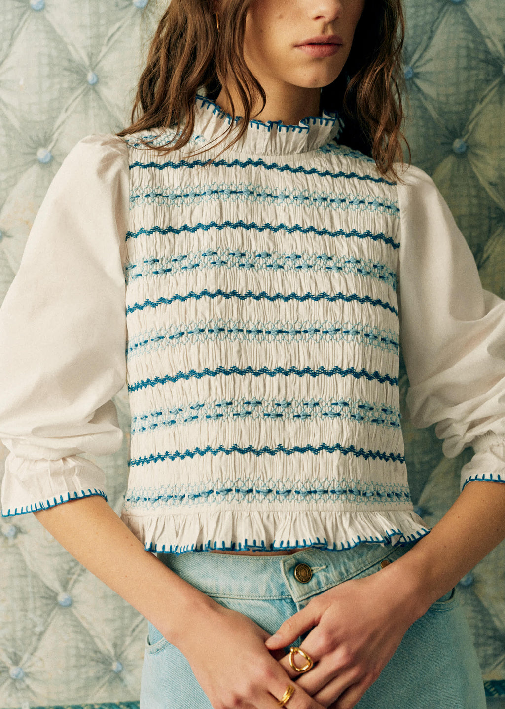 Blouse Adam - Broderie Placée Bleu Fond Écru