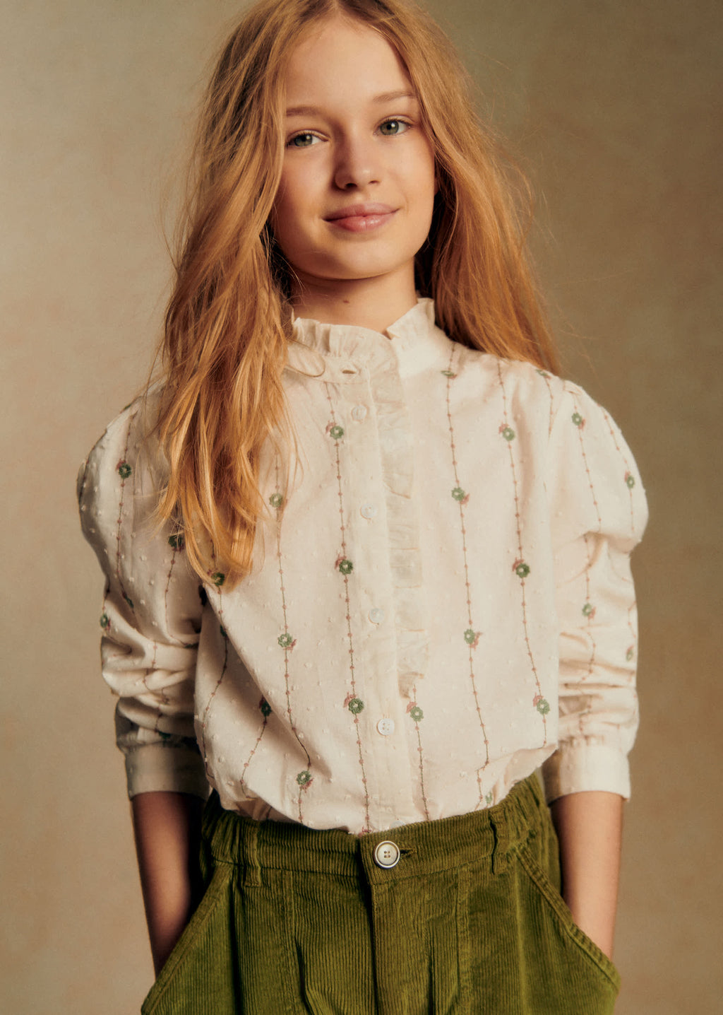 Chemise Chlo - Broderie Sauge / Camel Fond Ecru