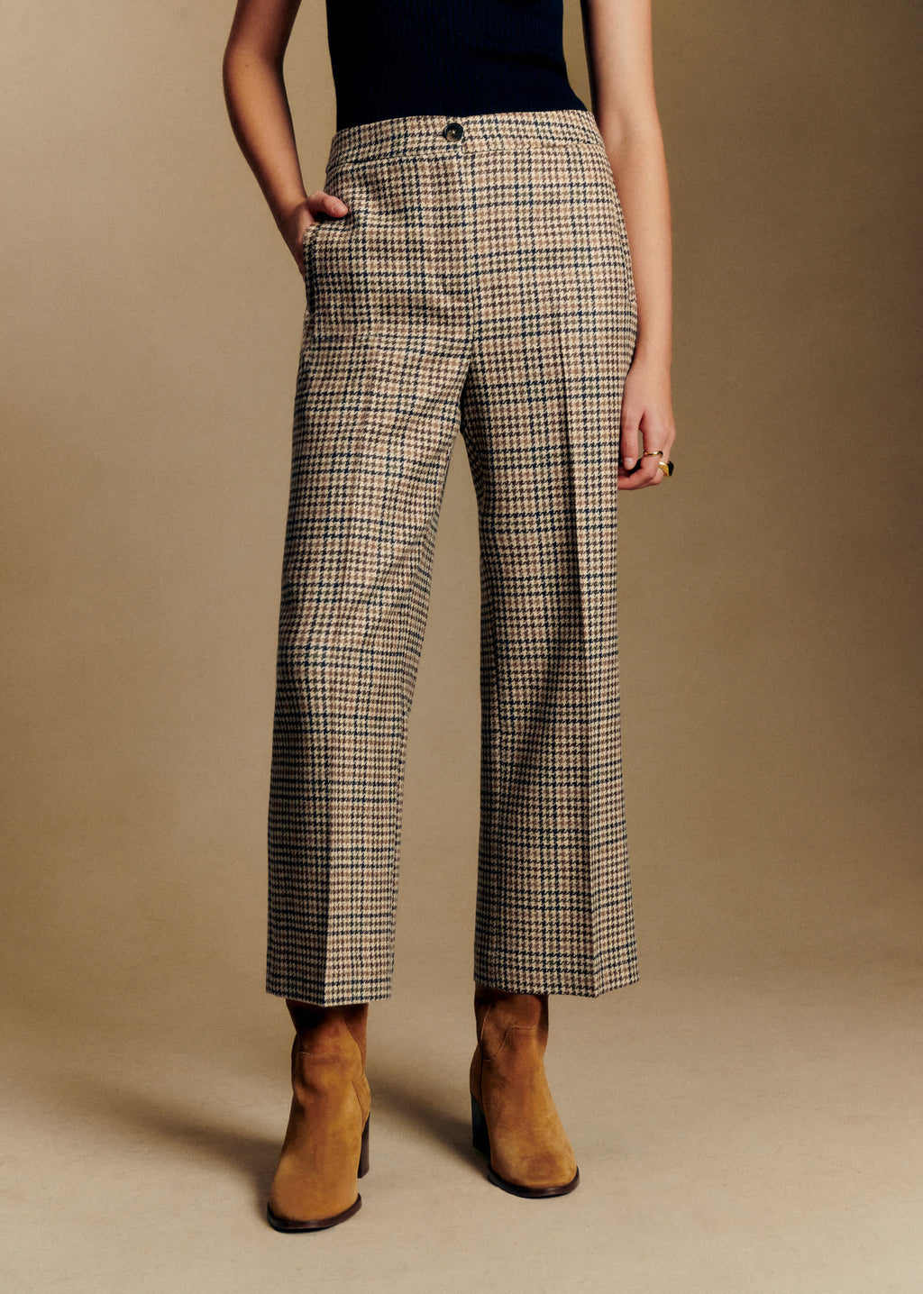 Pantalon Martin Crop - Pied de Poule Creme Kaki Brun Jaune