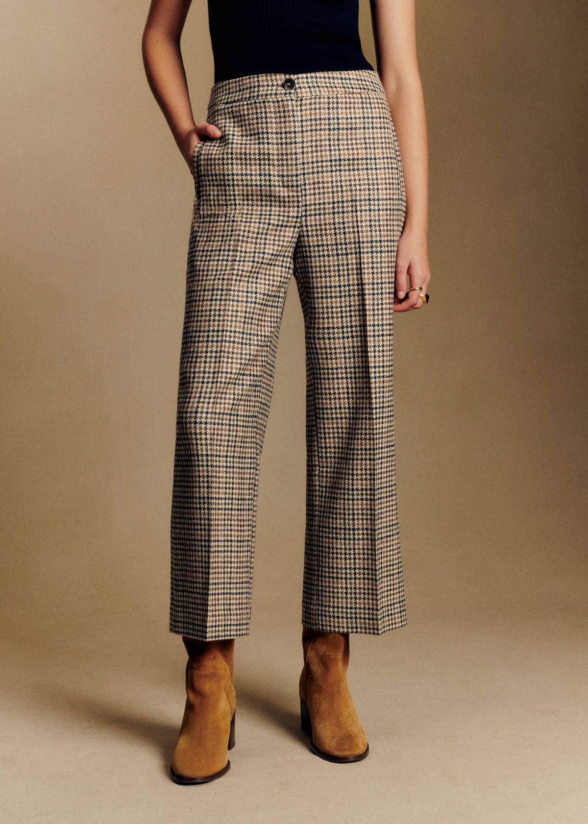 Pantalon Martin Crop - Pied de Poule Creme Kaki Brun Jaune