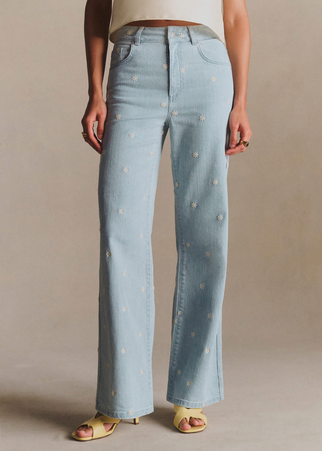 Pantalon Le New 70's - Broderie Écru Fond Bleach