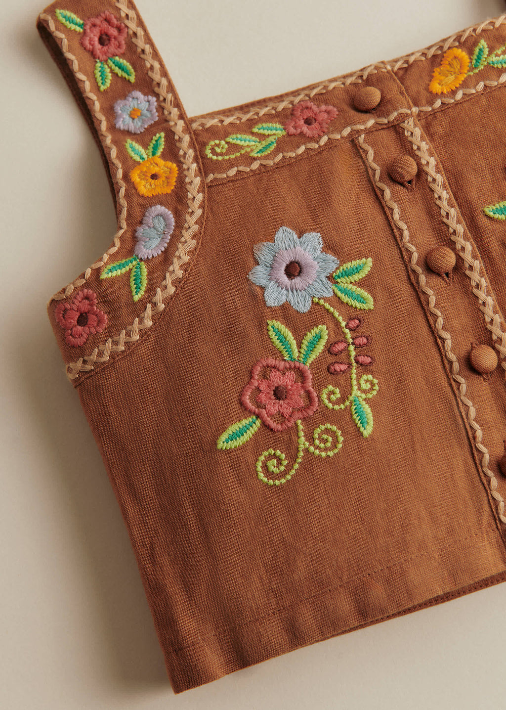 Top Paloma - Broderie Contrastée Fond Marron