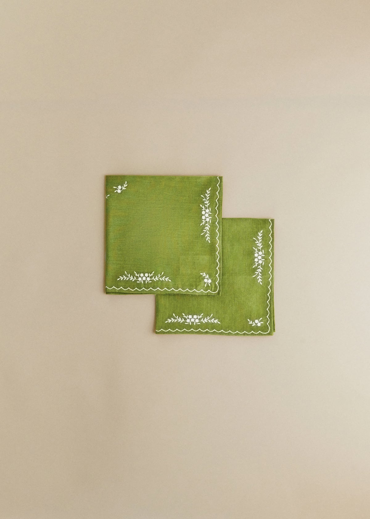 Set de 2 serviettes - Brodées Primavera - Vert Olive et Ecru