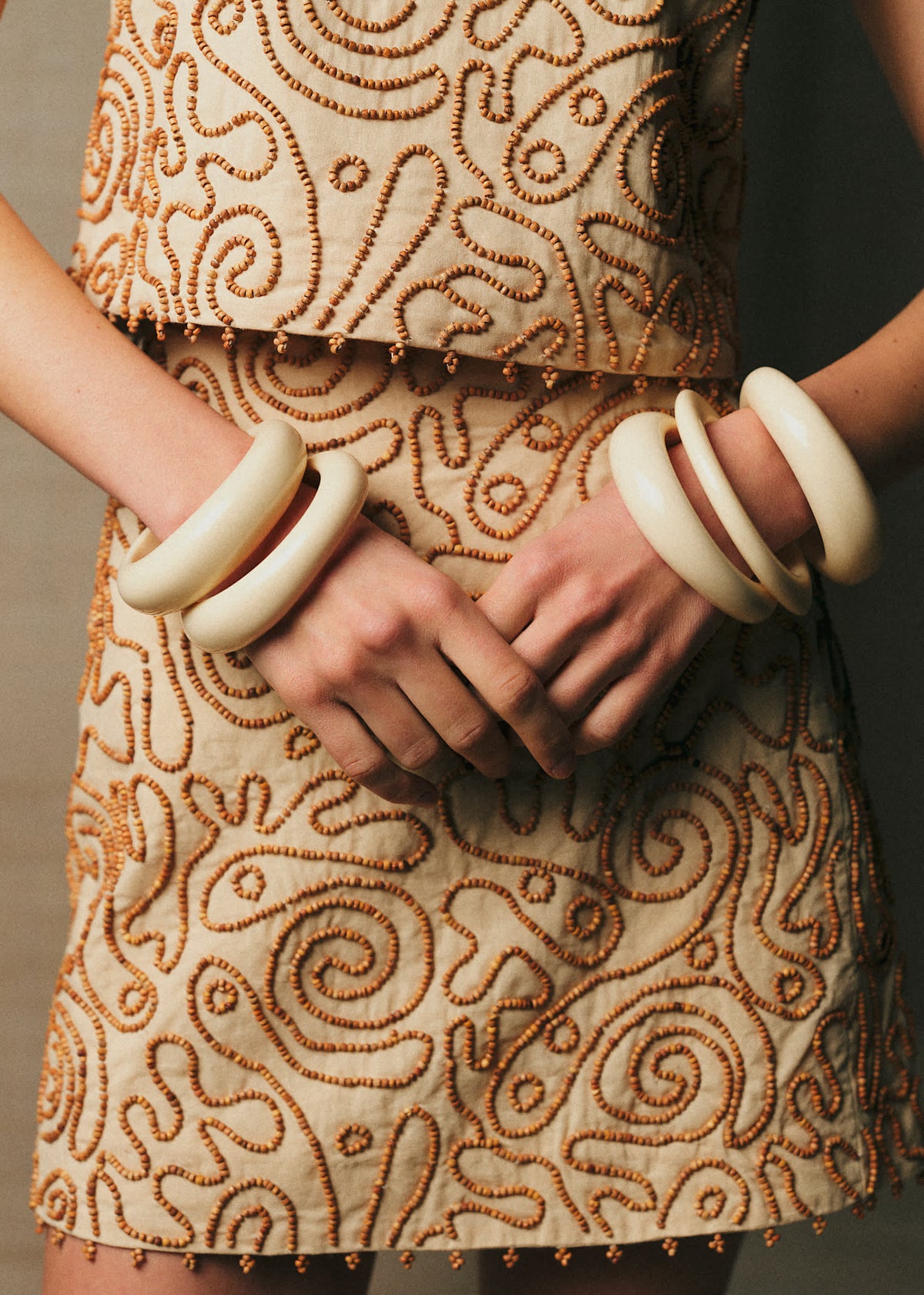 Jupe Maliam - Broderie Contrastée Perle Ocre Fond Paille
