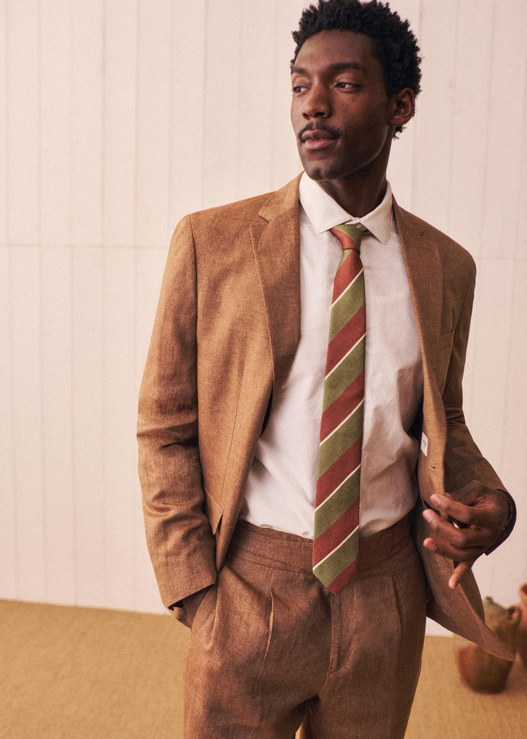 Cravate Fletcher - Rayures Kaki Marron Blanc