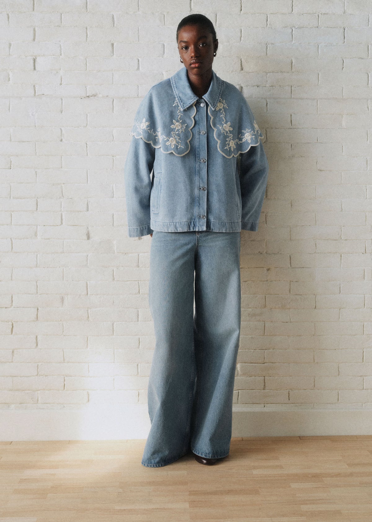 Veste Josephy - Sézane x SEA NY - Broderie Placée Crème Fond Bleu Denim