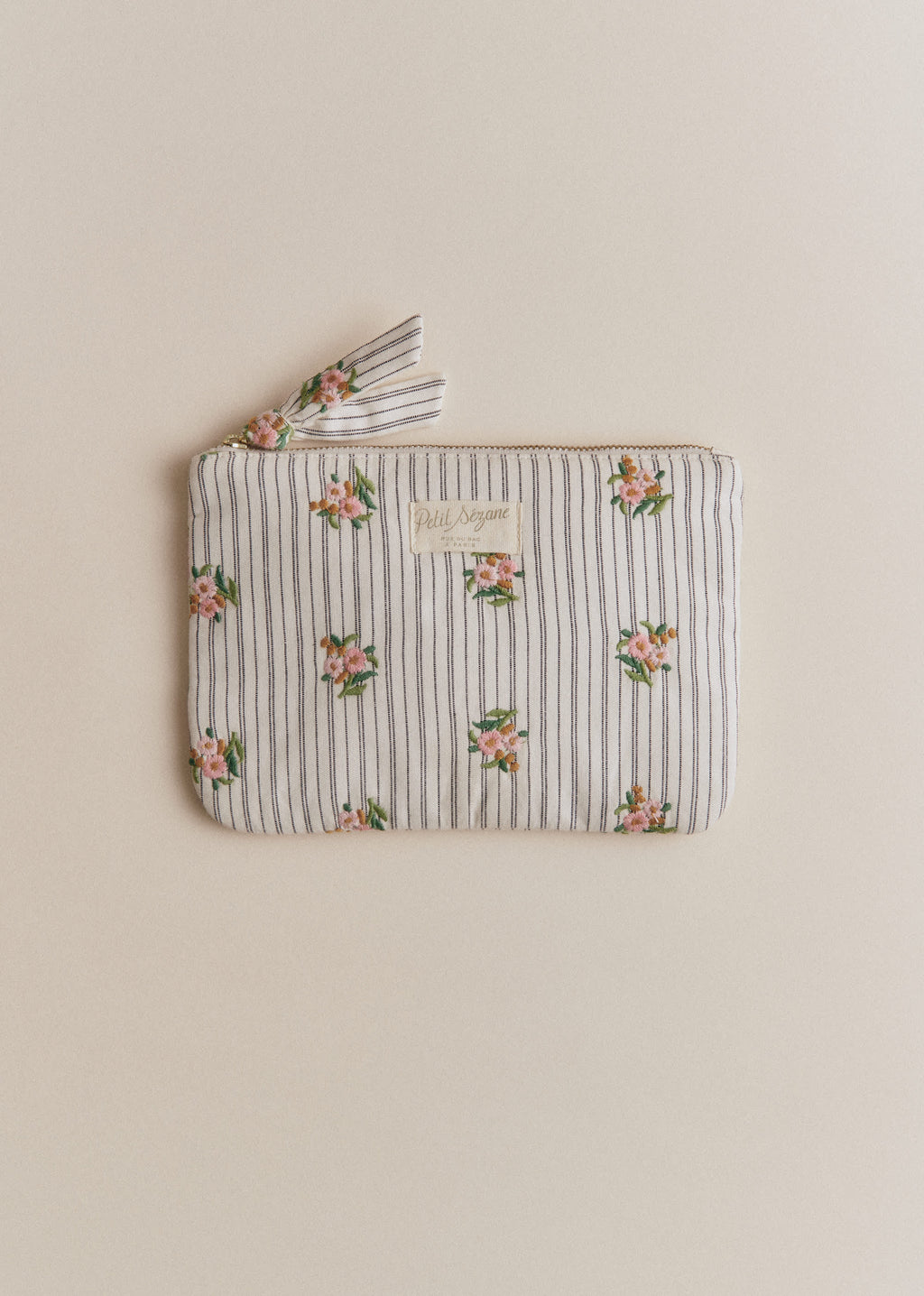 Pochette plate - Rayures Broderie Fleurs