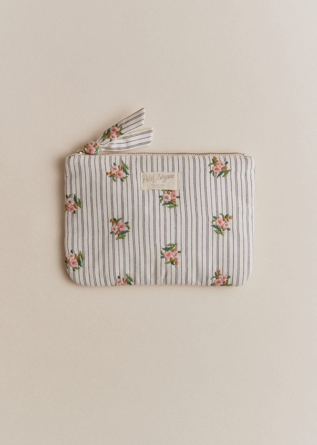 Pochette plate - Rayures Broderie Fleurs