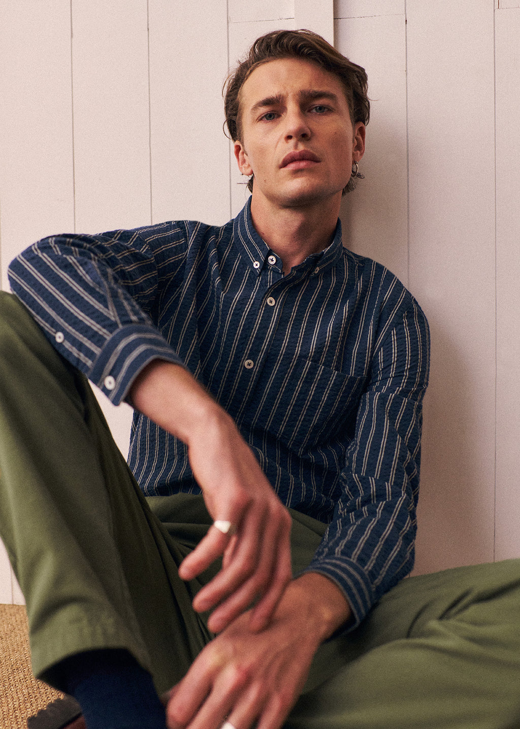 Chemise Charlie Seersucker - Marine Rayures Blanches
