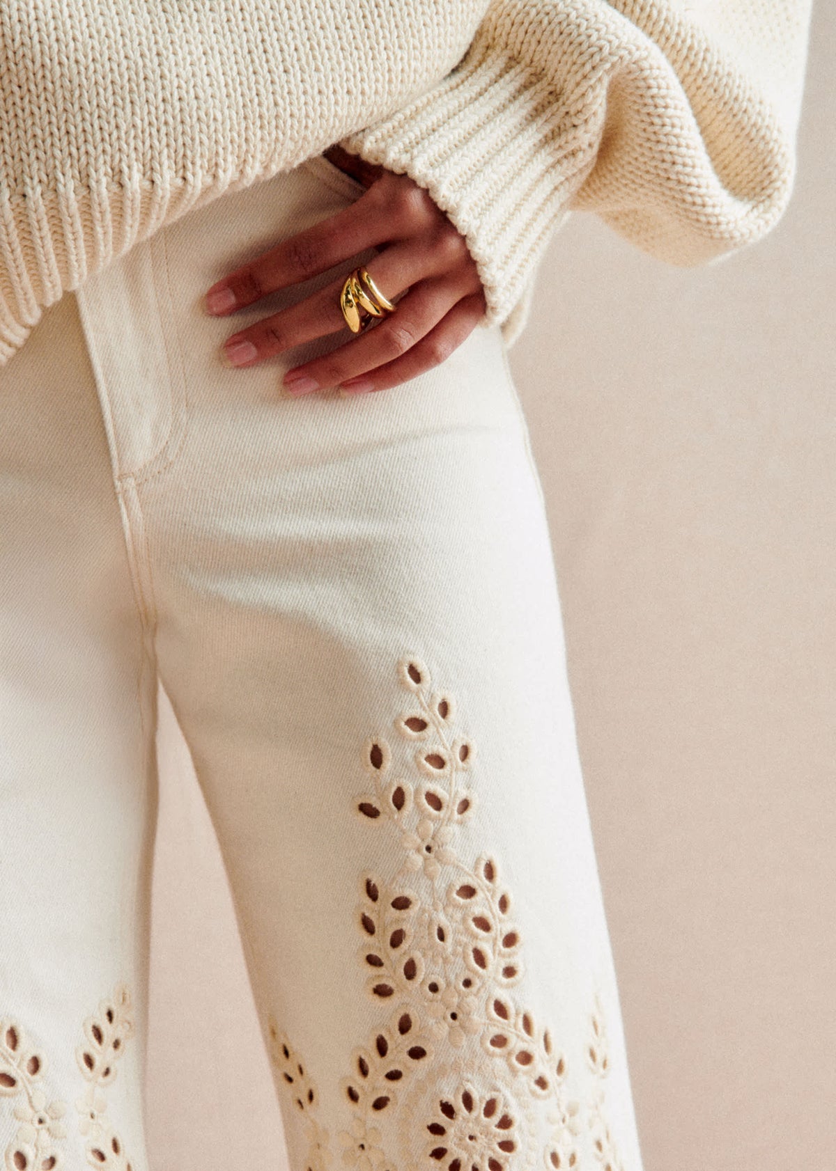 Pantalon Le Wide Leg - Broderies Lierre Fond Écru