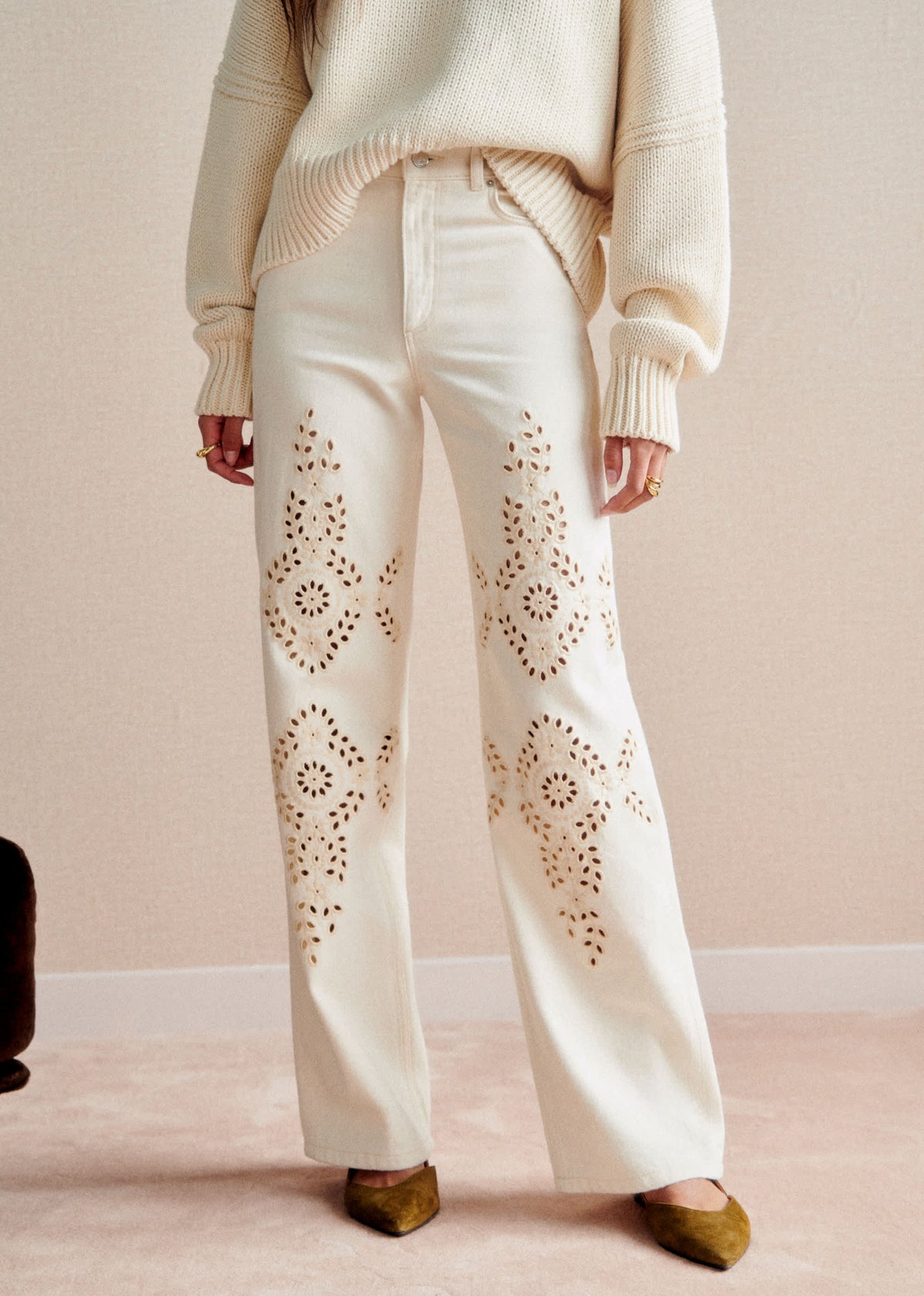 Pantalon Le Wide Leg - Broderies Lierre Fond Écru