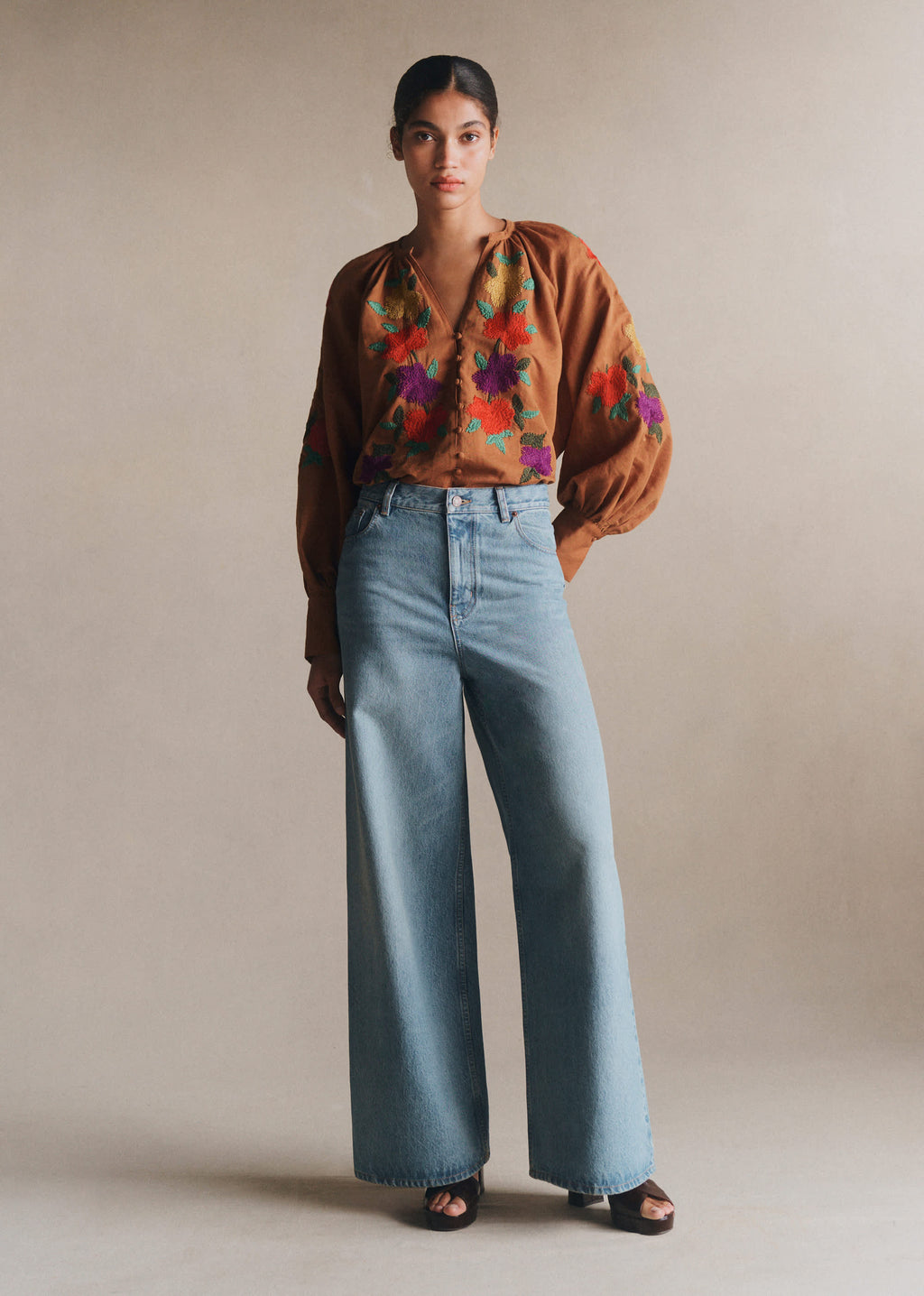 Chemise Roma - Broderie Placée 70's Fond Marron
