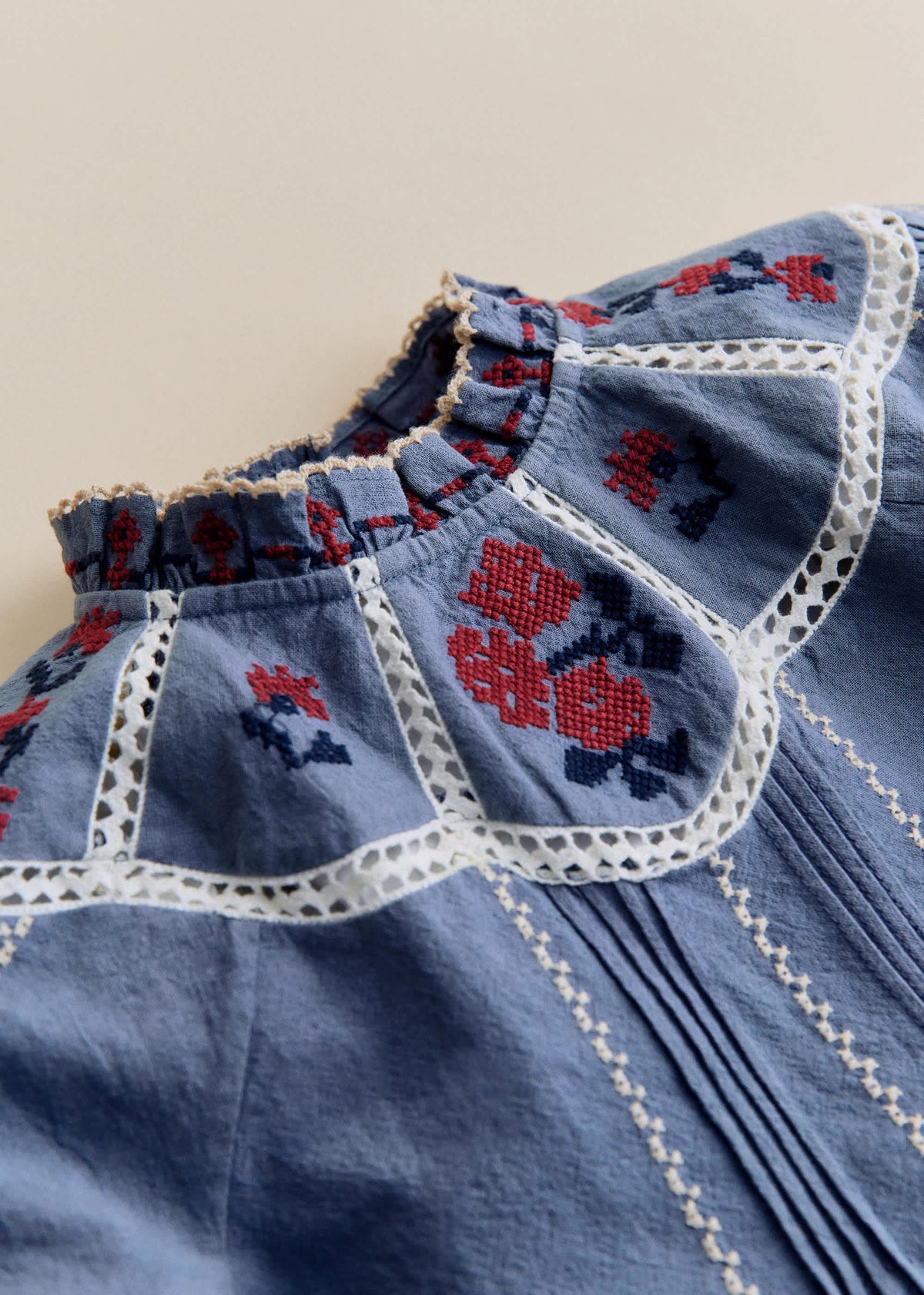 Blouse Eugenia - Sézane x SEA NY - Broderie Contrastée Brique Fond Marine - Création Solidaire