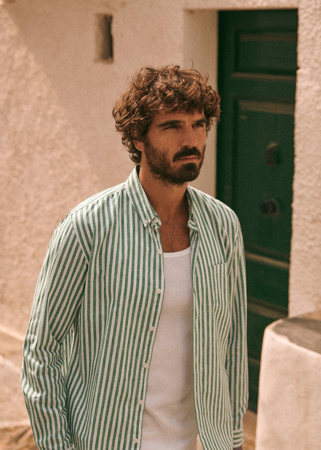Chemise Charlie Coton Lin - Rayures Blanc / Vert